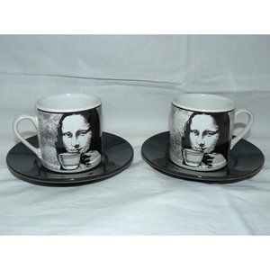 4 PC Mona Lisa Espresso Demitasse 2 Cups & Saucers Set, Signature Housewares